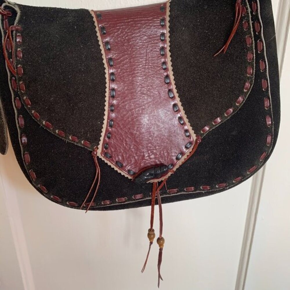Handmade Vintage Suede Leather Crossbody Bag Black Burgundy Whipstitch Western